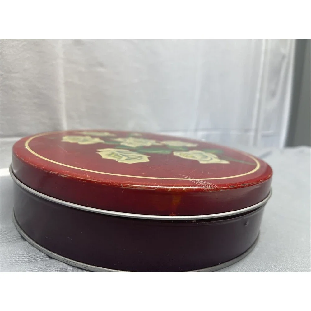 Vintage Red Rose Tin Container Flower Candy Cookie White Roses Storage Decor